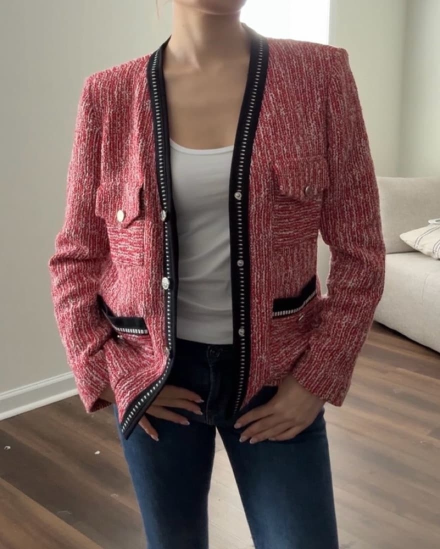 Maje Red & White Tweed Blazer Jacket  - Image 1