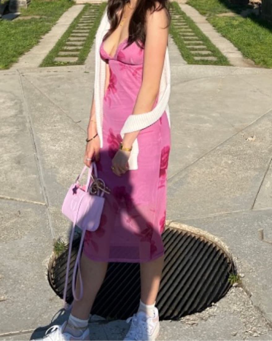 Pink & Red Rose Print Mesh Midi Dress - Image 2