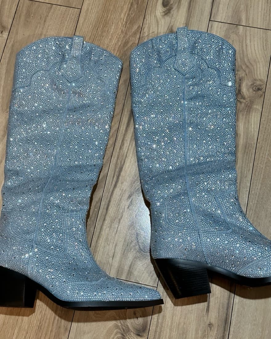 Rhinestone Denim Cowgirl Boots - Image 1