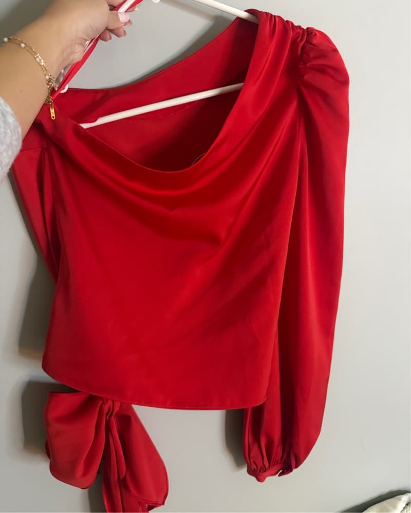 One Shoulder Red Tie-Waist Blouse - Image 3