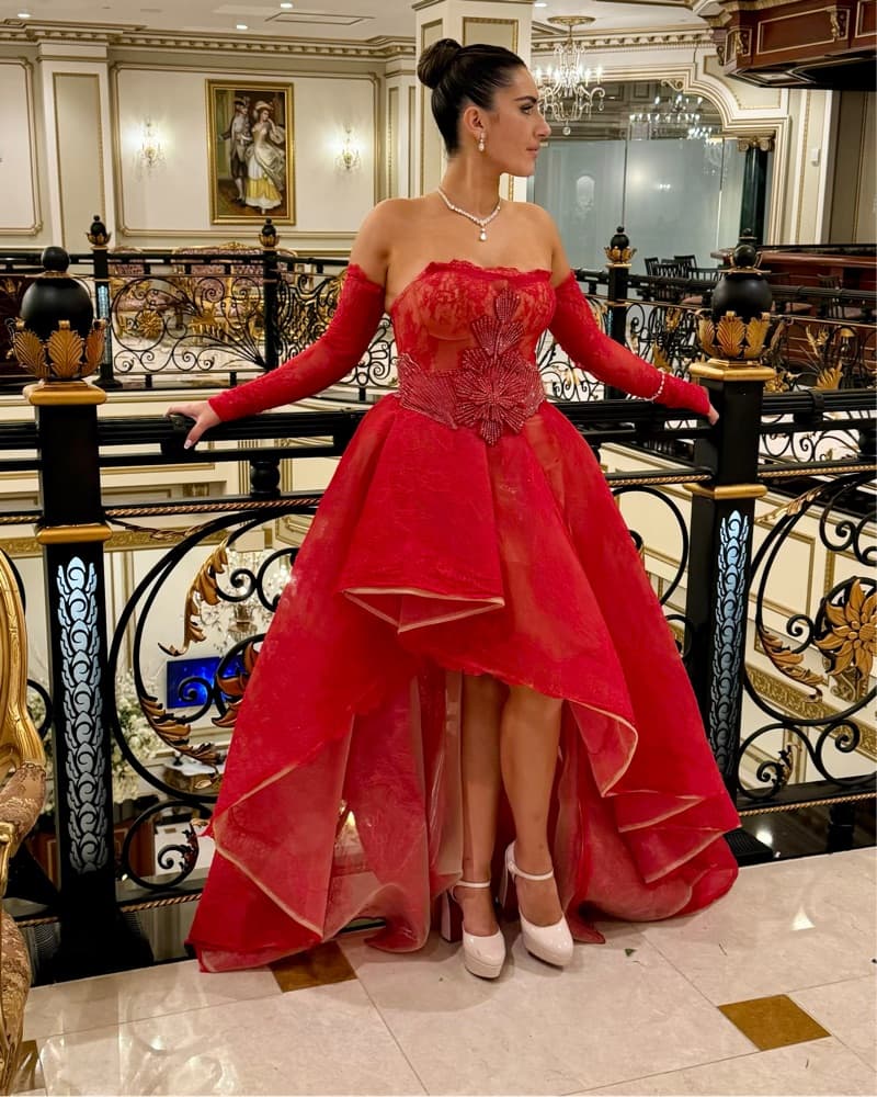 Red Lace High Low Dress With Gloves  - Image 3