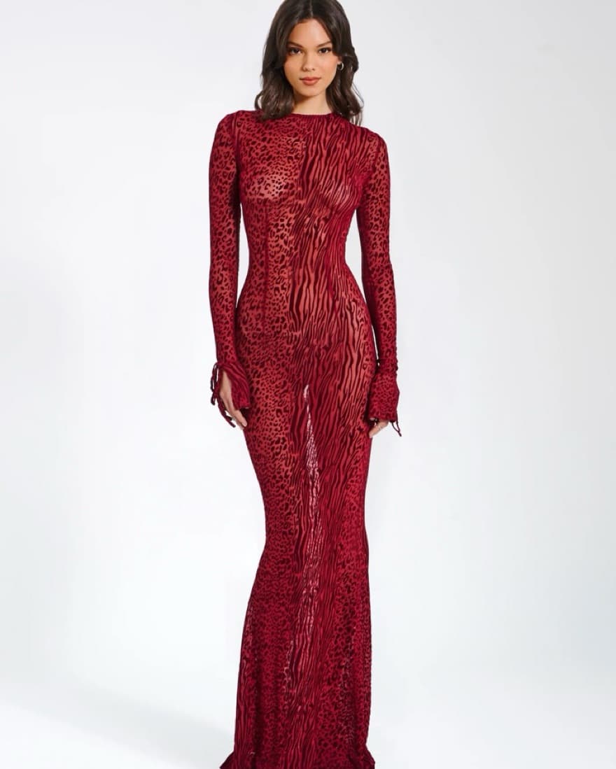 Red Velvet Mesh Backless Maxi Dress - Image 4