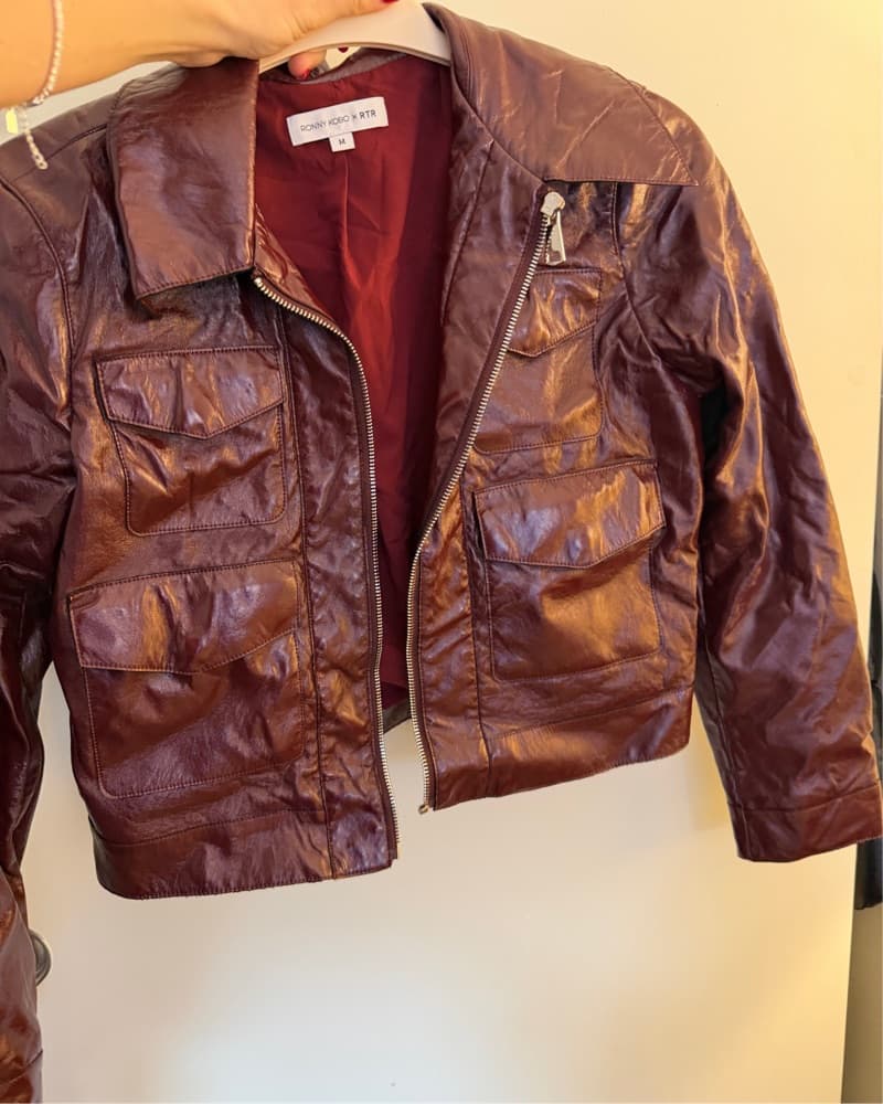 Burgundy Vegan Leather Moto Jacket  - Image 2