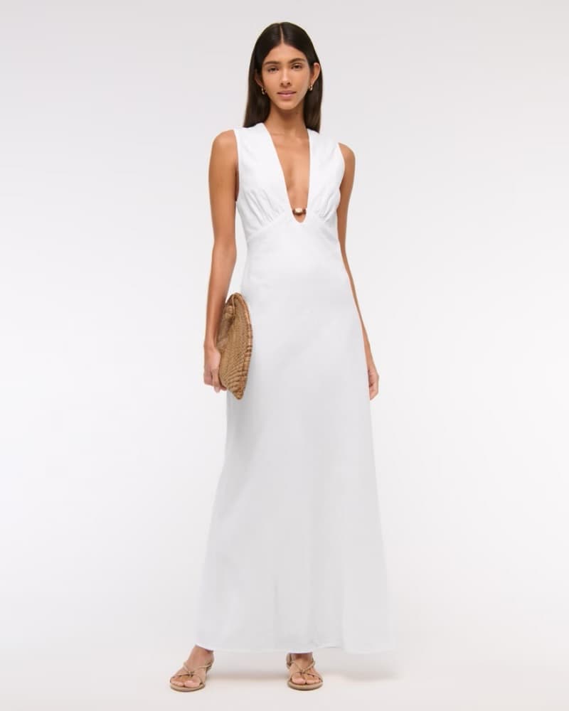 Beaded Plunge Linen Maxi Dress - Image 1