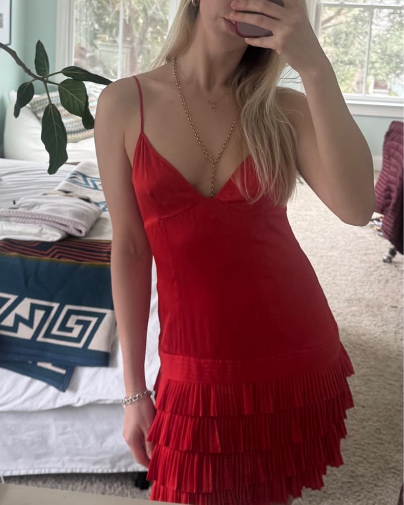 Vintage Red Silk Drop Waist Dress - Image 1