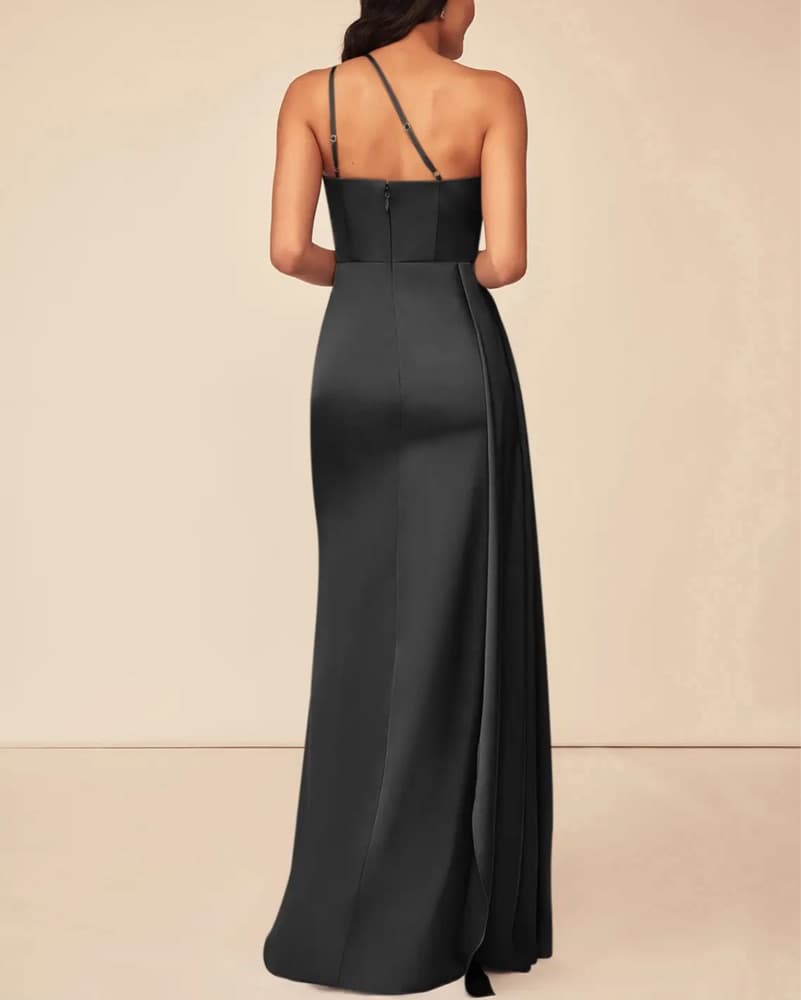 Bridesmaid Black Stretch Satin Dress - Image 2