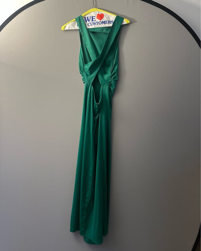 Green Satin Maxi Dress Open Cross Back - Image 3