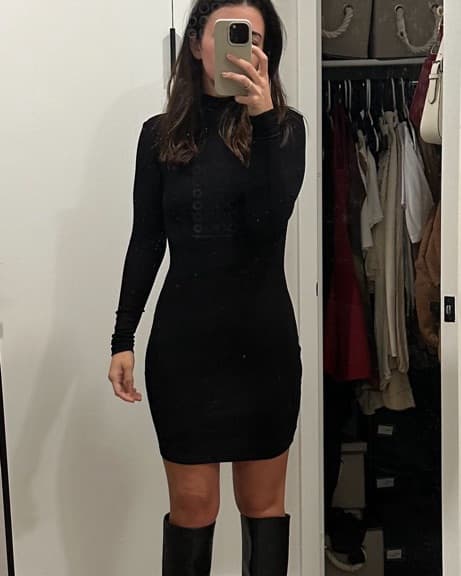 Black Long Sleeve Mock Neck Ribbed Dress - Image 1