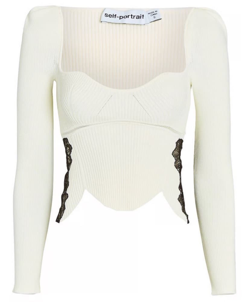 White Ribbed Knit Lace-Trimmed Top - Image 1