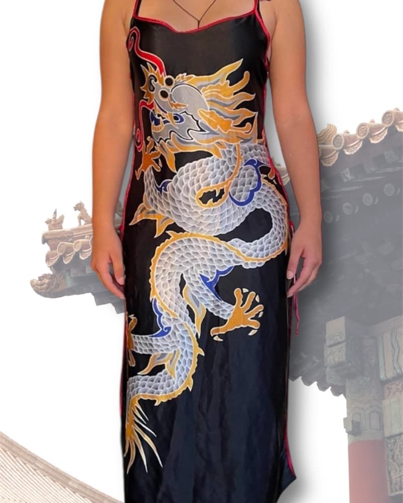 Dragon Print Black Lace Up Sides Dress - Image 1