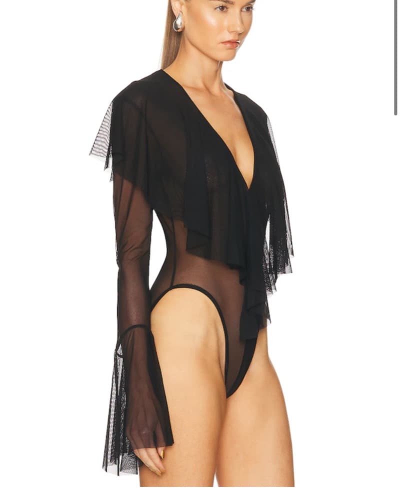 Norma Kamali Mesh Ruffle Black Bodysuit - Image 2