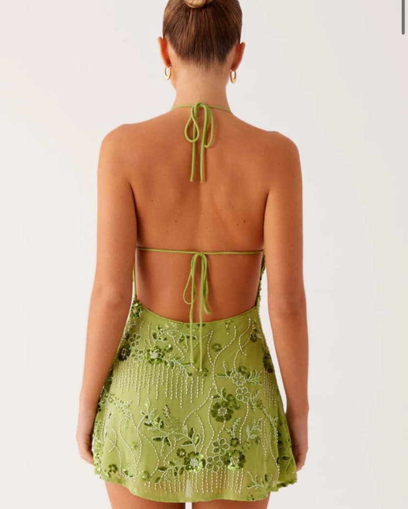 Vibrant Green Embroidered Mini Dress - Image 4
