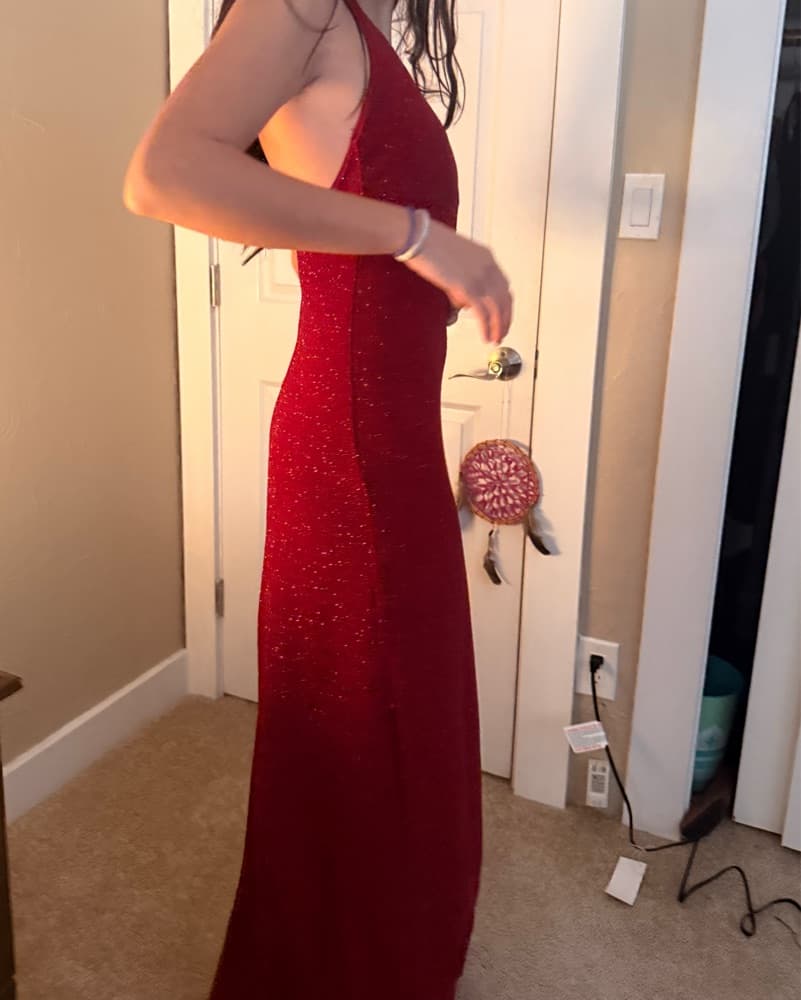 Vibrant Red Sequin Halter Gown - Image 2