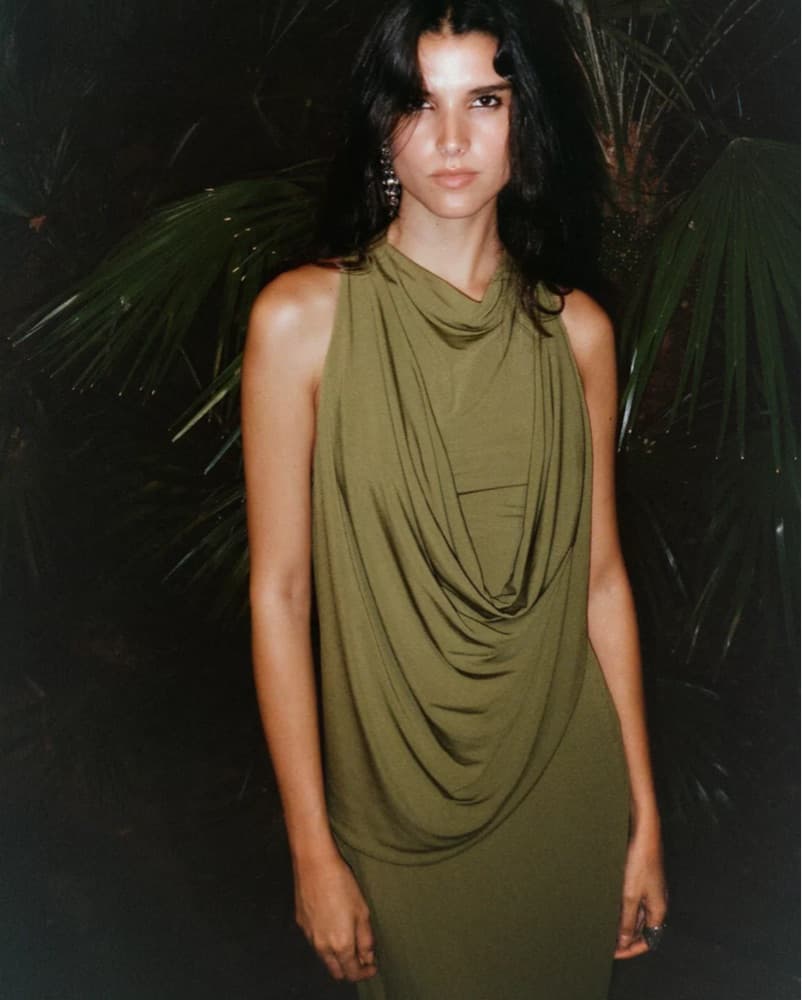 Elegant Olive Green Draped Maxi Dress - Image 2
