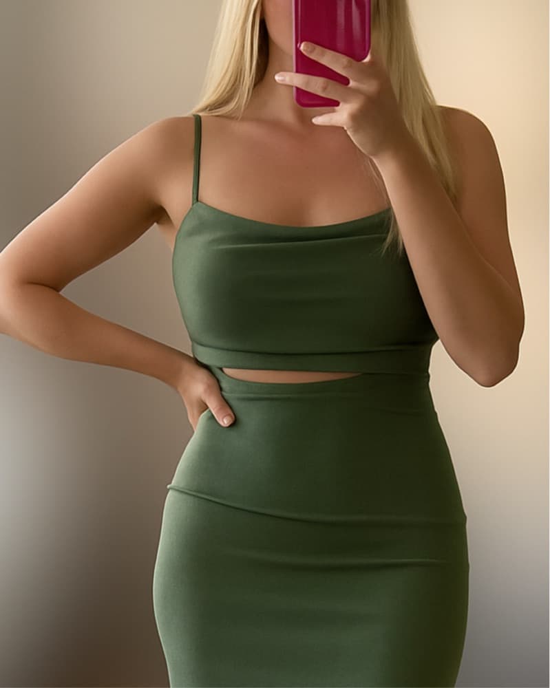 Chic Olive Green Satin Dress - Image 2