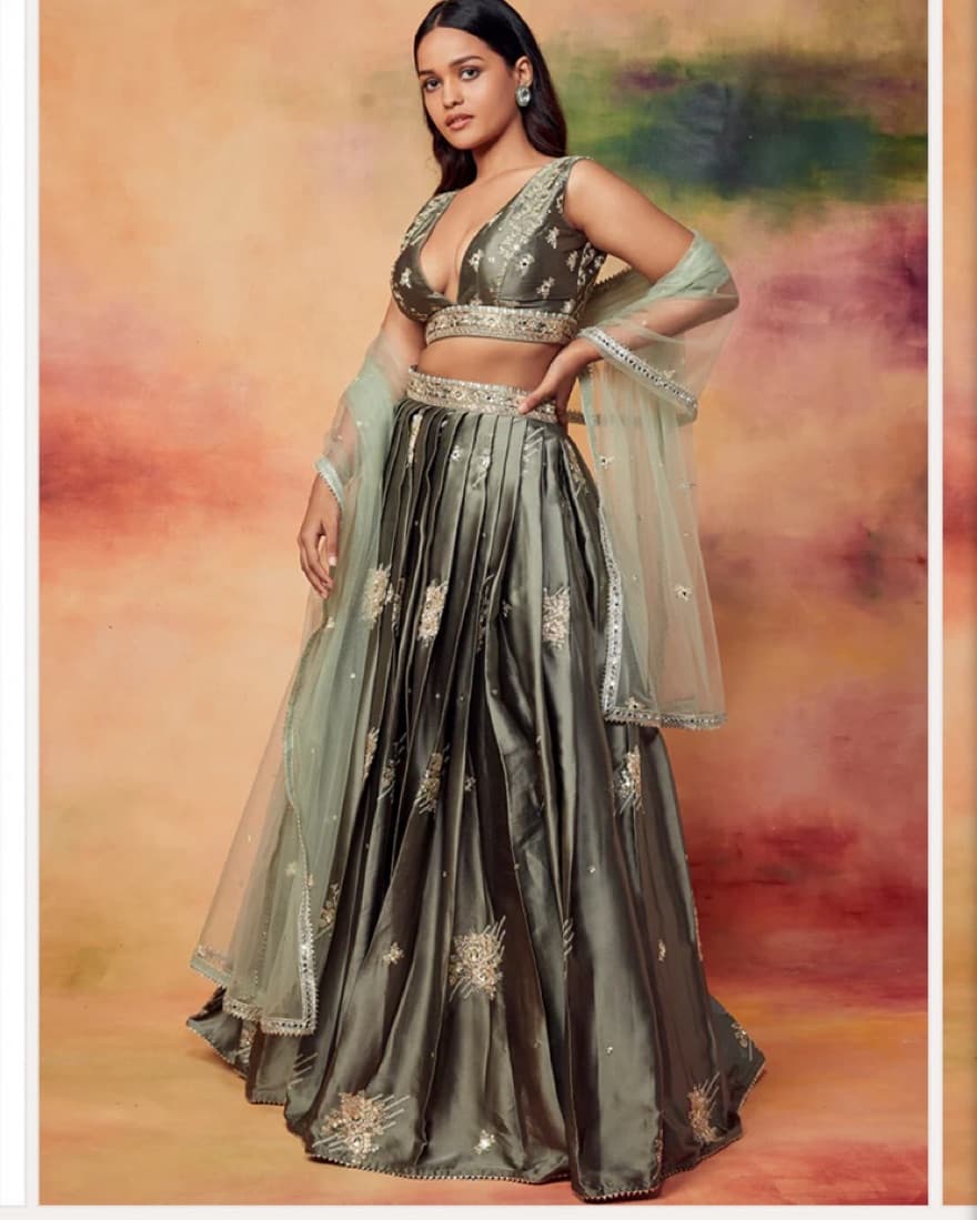 Olive Green Embellished Lehenga  - Image 3