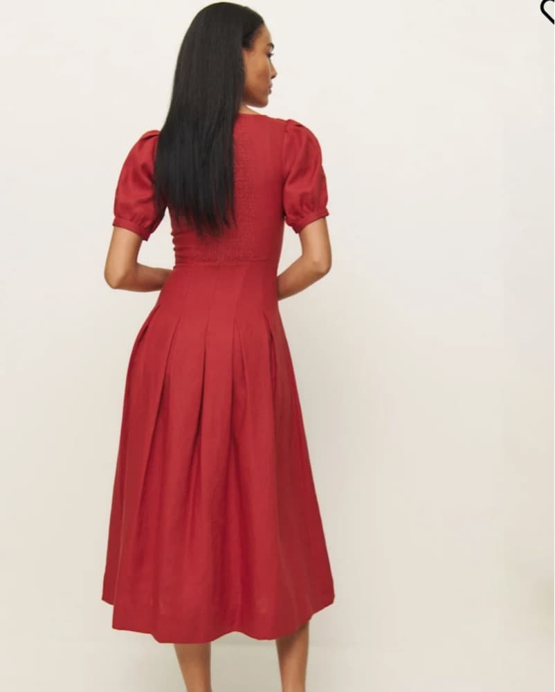 Vibrant Red Midi Dress with Puff Sleeves - Image 3
