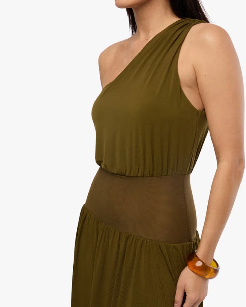 One-Shoulder Olive Green Maxi Dress - Image 4