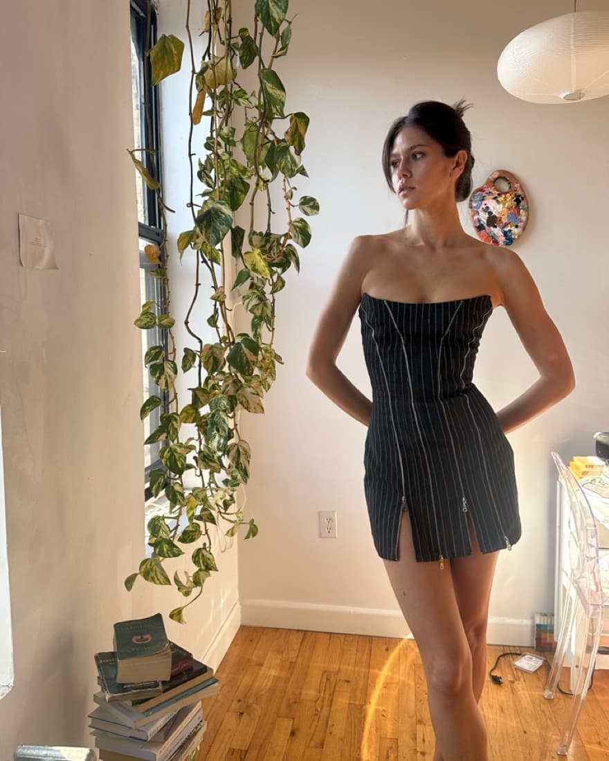 Pin Stripped Mini Dress With Zippers - Image 1