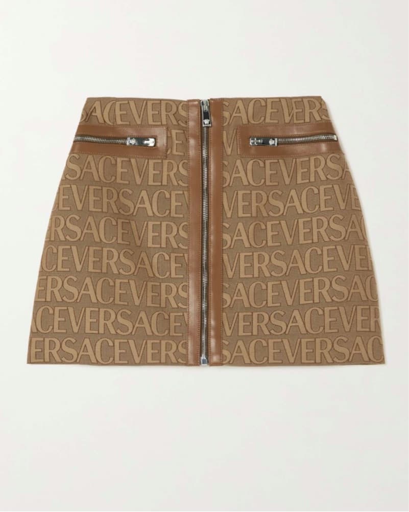 Versace Brown Neutral Leather Trimmed Logo Print Mini Skirt - Image 2