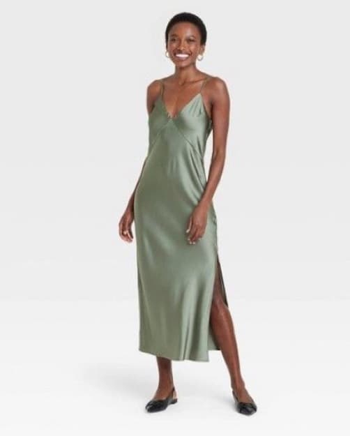 Olive Green Silky Slip Dress - Image 1