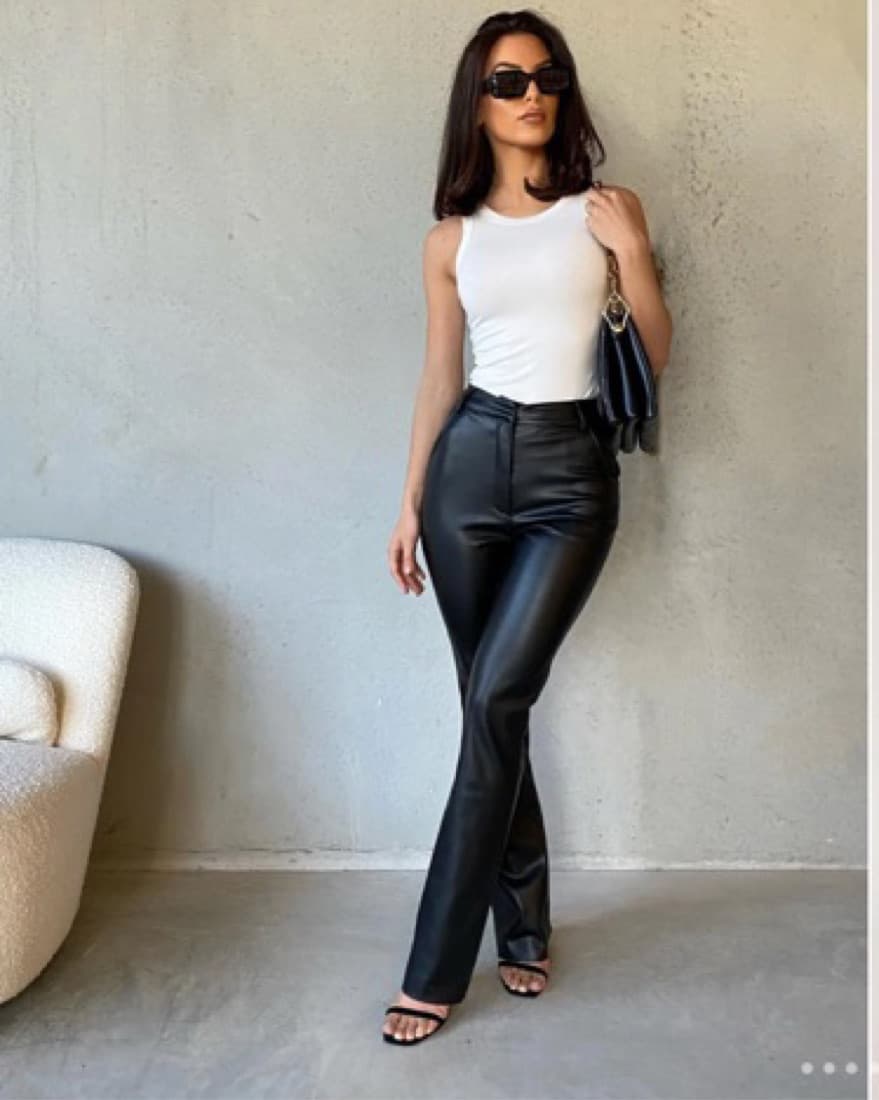 Straight Leg Faux Leather Pants - Black - Image 1