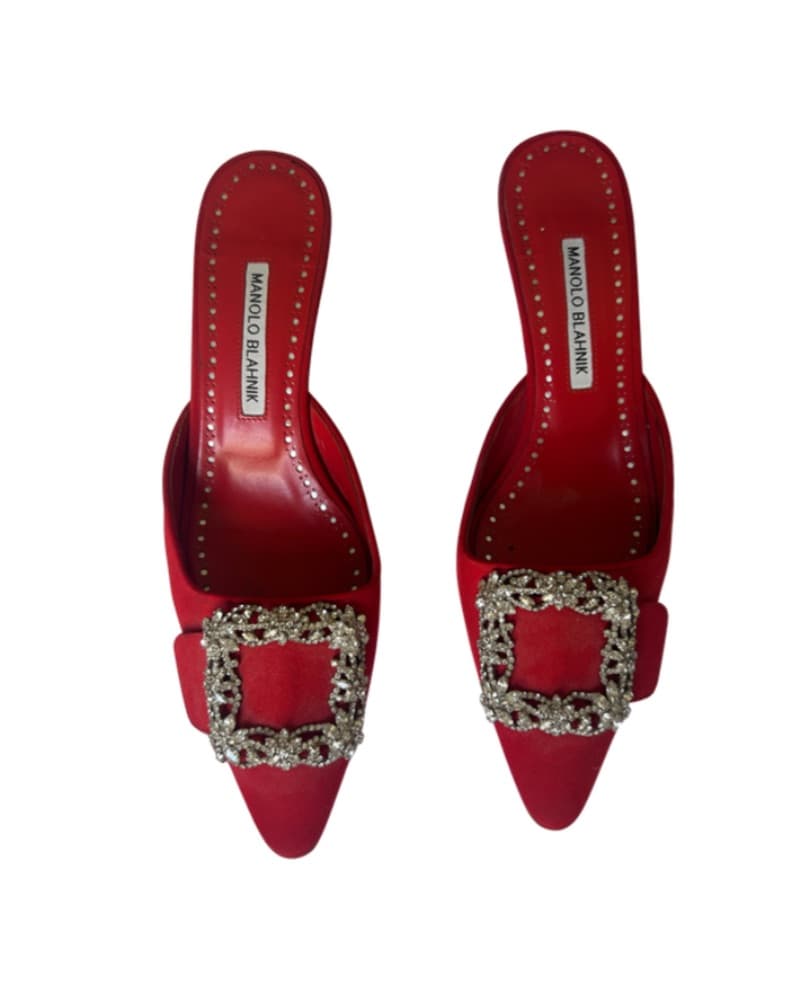 Manolo Blahnik Kitten Heel Hangisi Crystal Red Heels Mules - Image 1