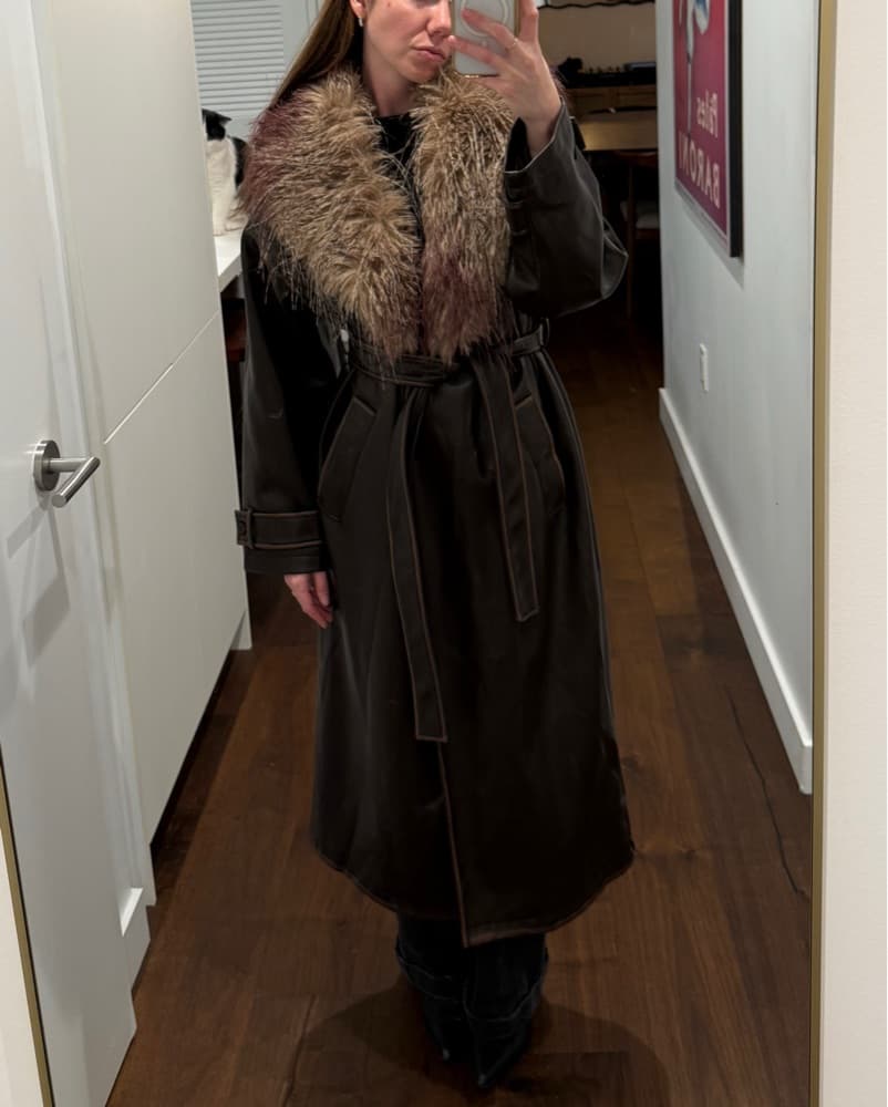 Brown Faux Fur Collar Belted Coat - Image 2