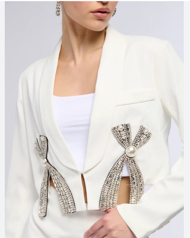 White Cropped Crystal Trim Blazer  - Image 2