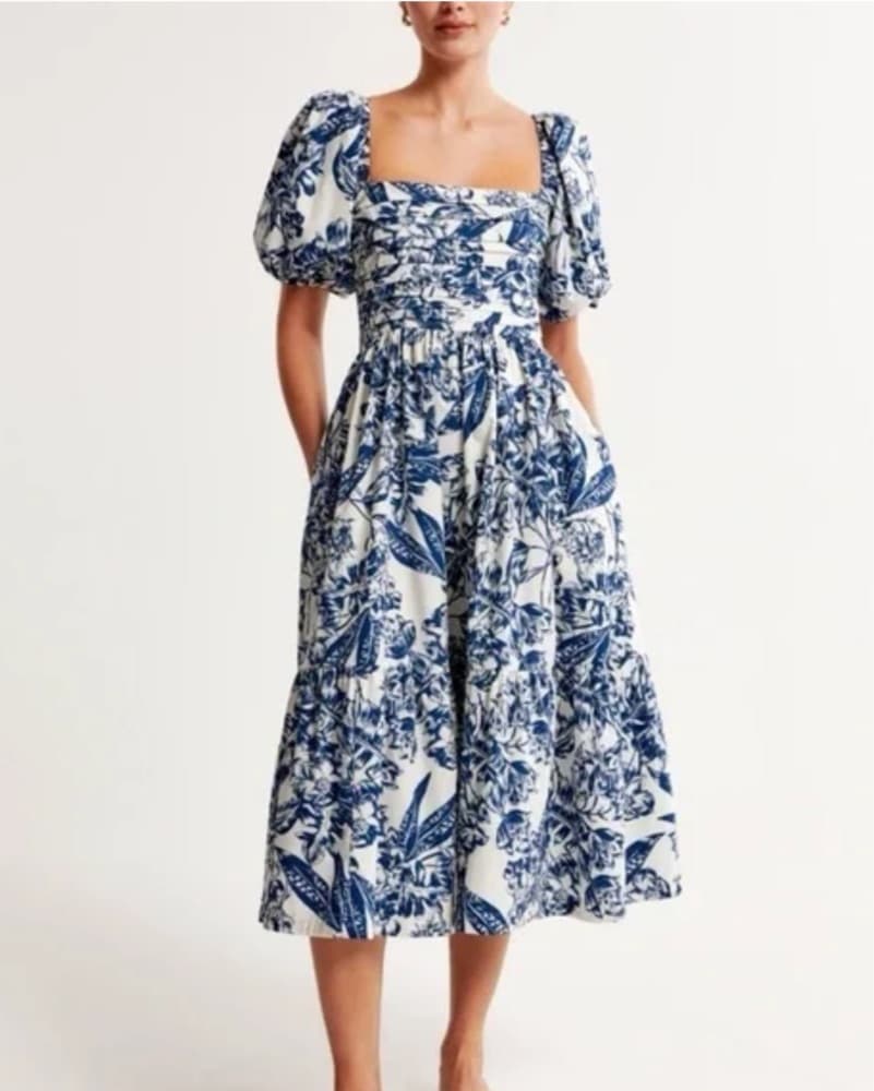 Blue and white floral midi dress - Image 1