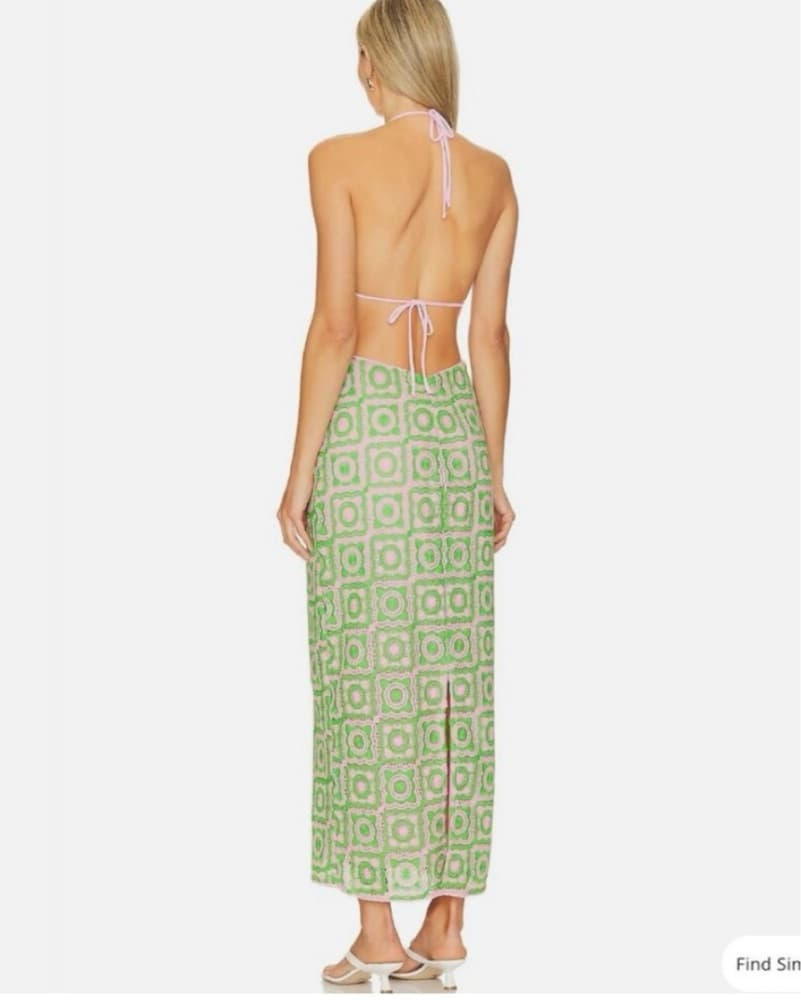 Vibrant Green Patterned Halter Maxi Dress - Image 2