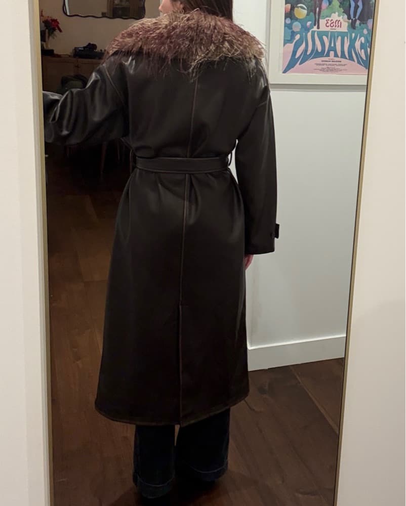Brown Faux Fur Collar Belted Coat - Image 4
