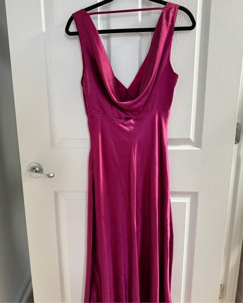 Hot Pink Satin V-neck Low Back Dress - Image 2