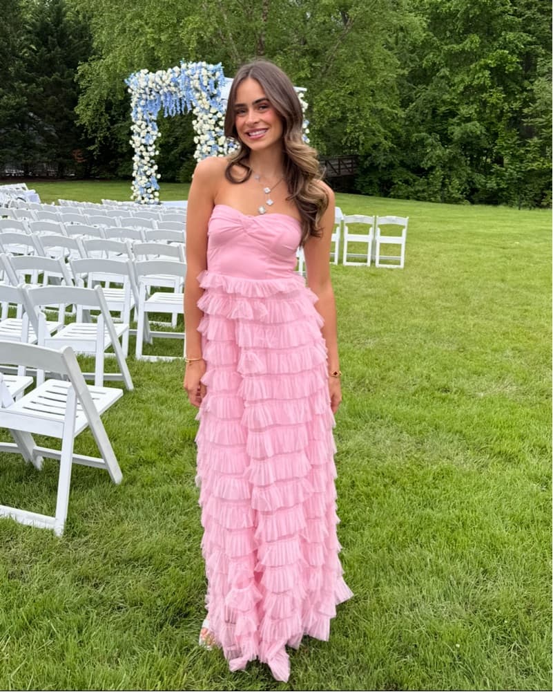 Light Pink Wedding Guest Ruffled Dress - Image 1