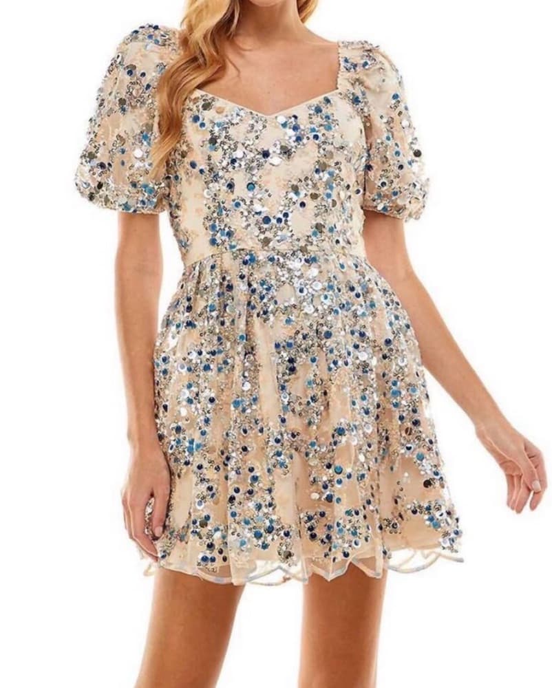 Sparkly Nude Puff Sleeve Dress - Image 5