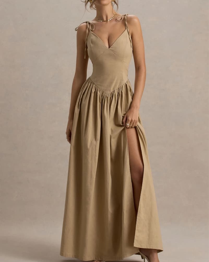 Tan Linen Maxi Dress - Image 2
