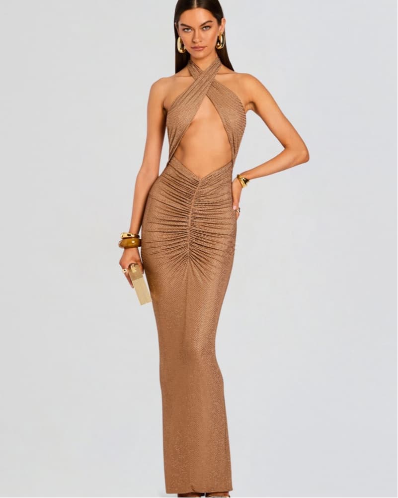 Mesh Embellished Halter Gown - Image 1