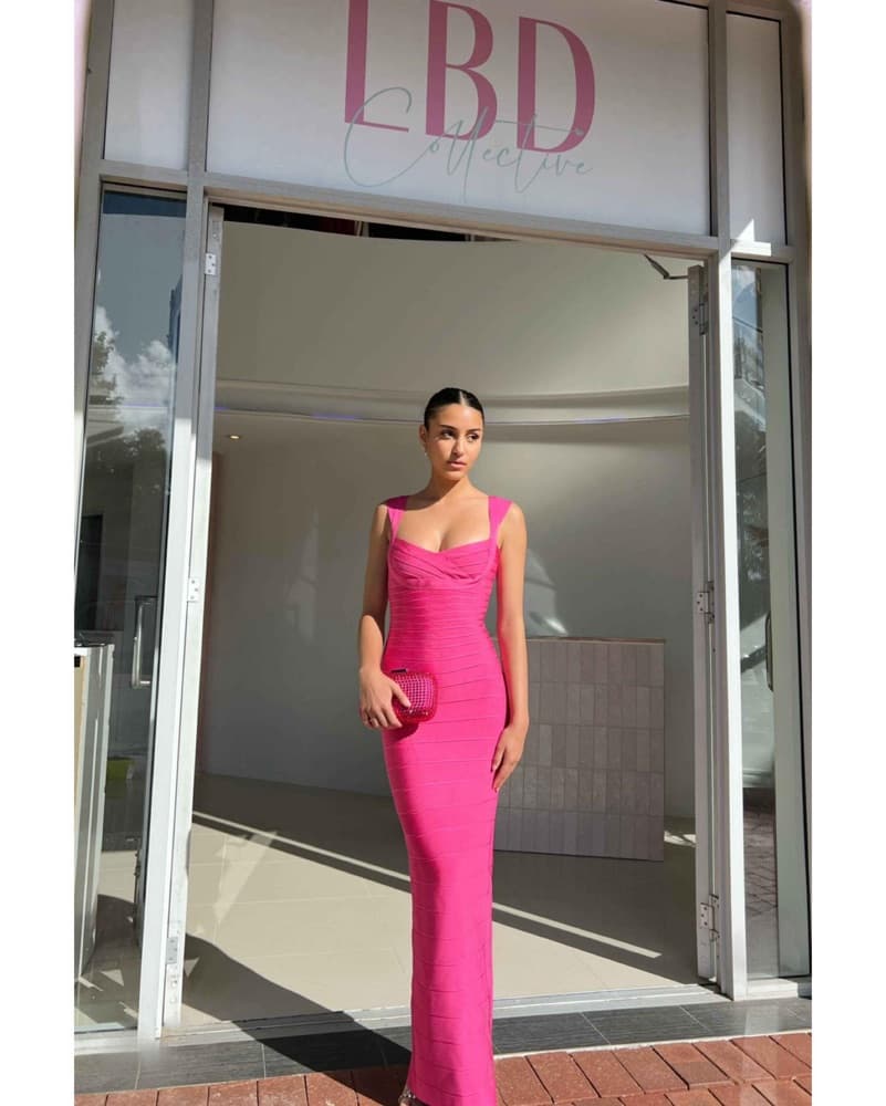 Herve Leger Hot Pink Gown | Pink Wedding Guest Dress, Pink Bridesmaid Dress, Sexy Formal Dress - Image 1