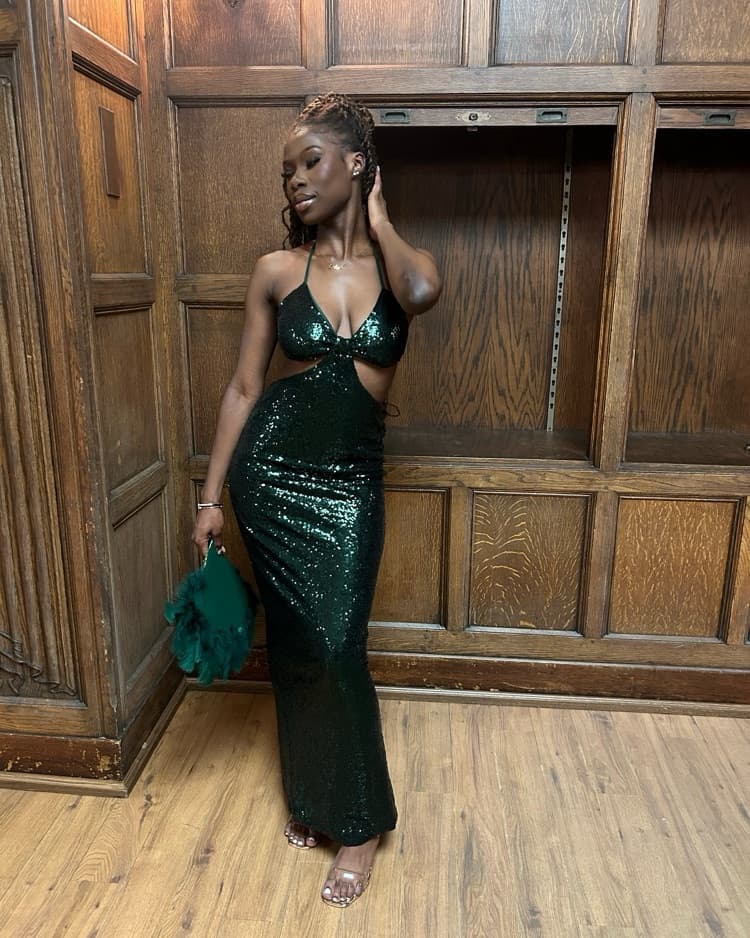 Long Dark Green Sequin Dress - Image 1