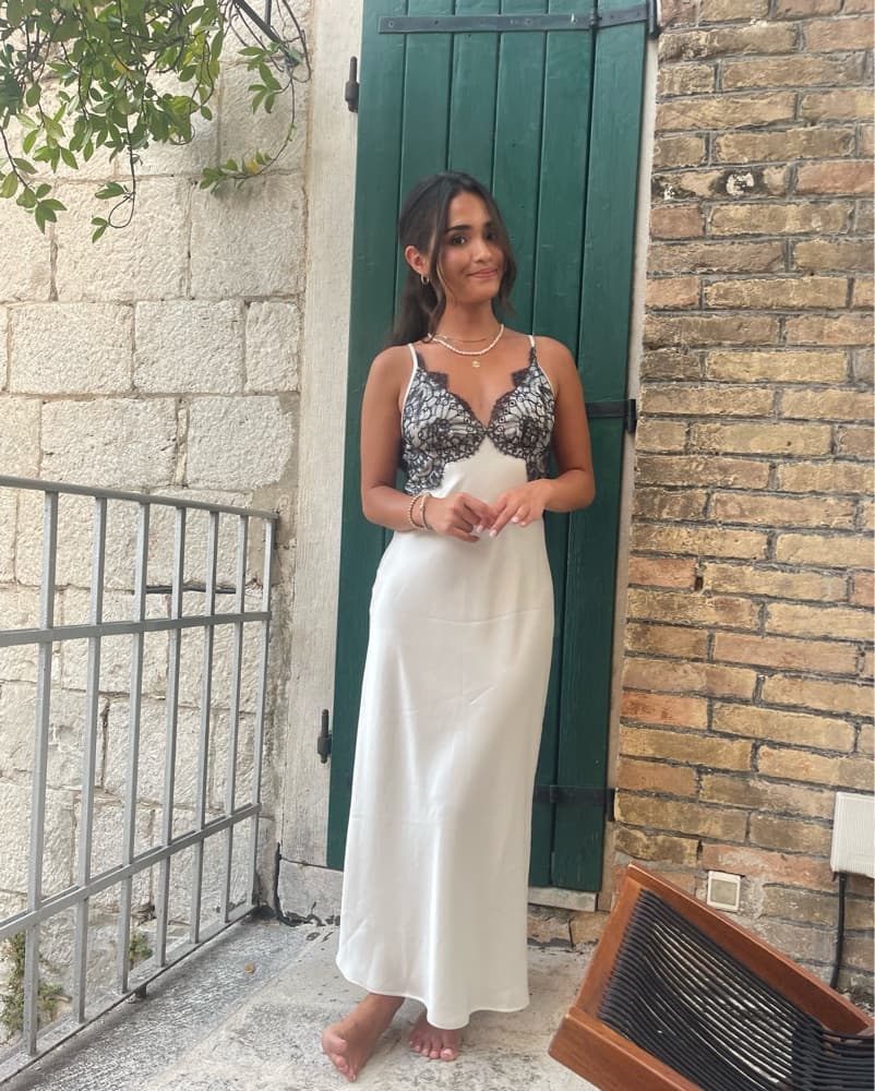 White Midi Silk Dress With Black Lace - Image 1