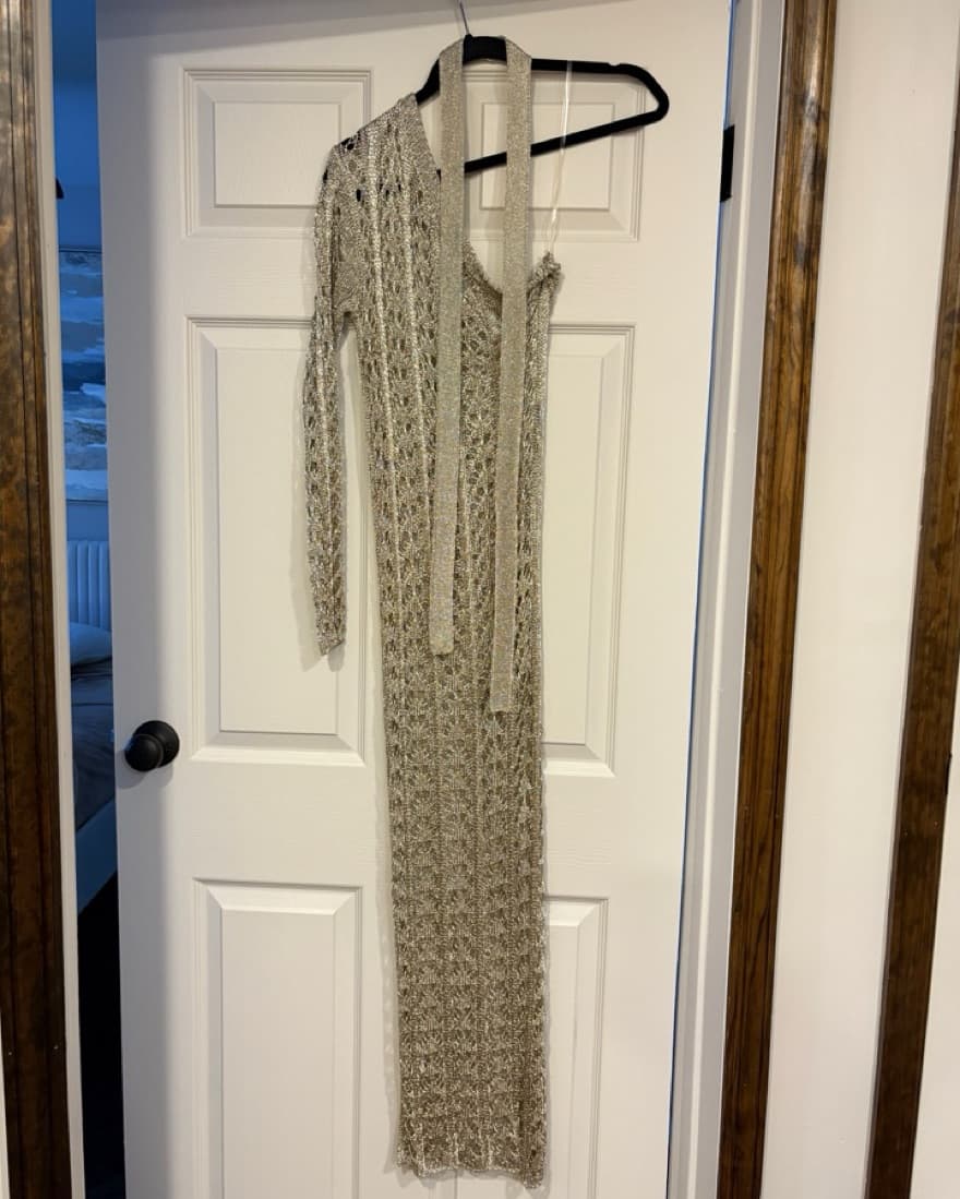 one shoulder knitted shimmer Gold Dress - Image 3