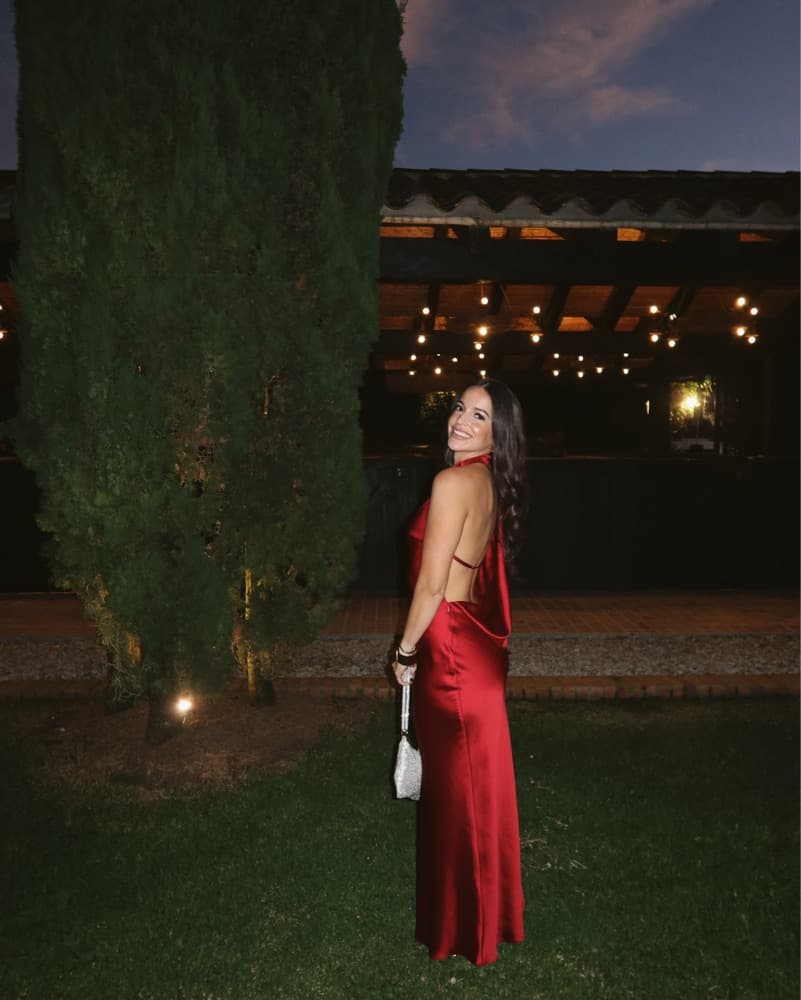 Stunning Red Satin Gown Open Back - Image 3