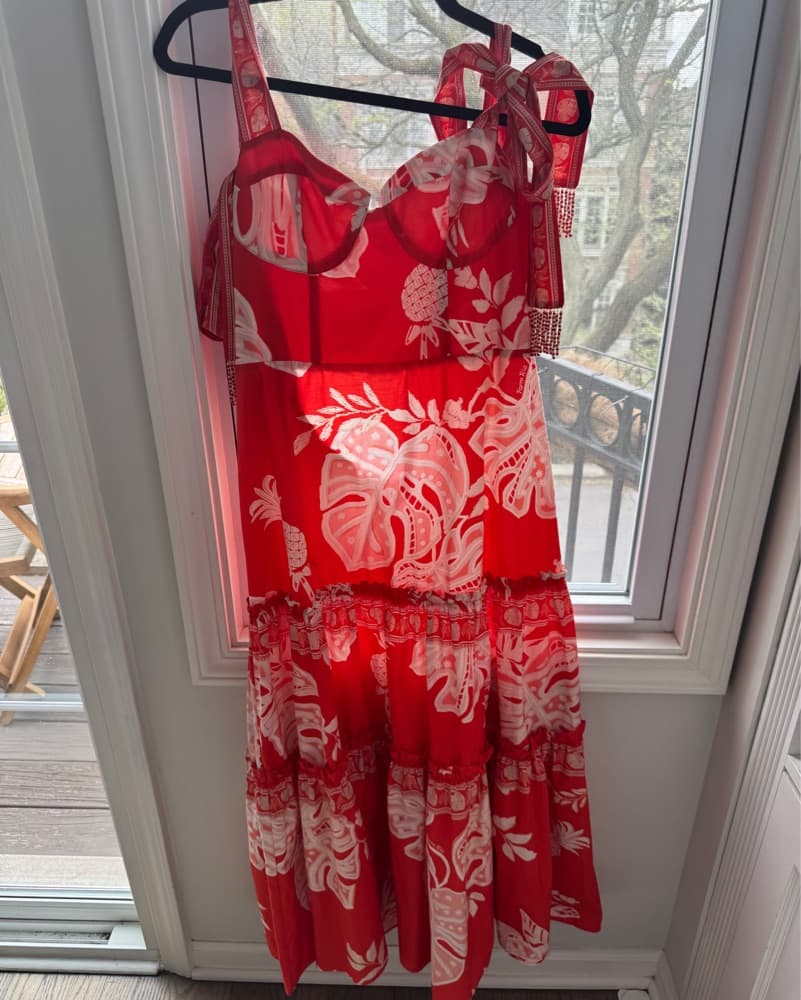 FARM Rio Lace Monsteras Red Midi Dress - Image 3
