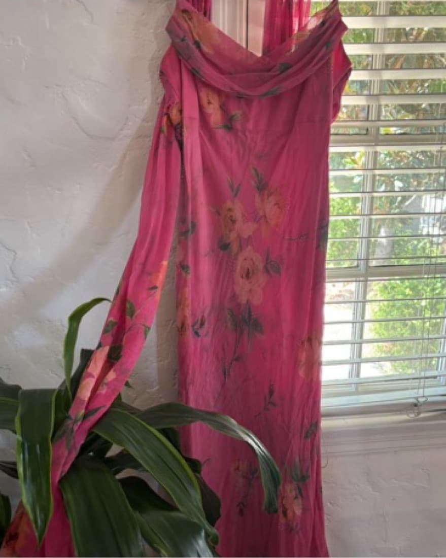 Vintage Floral Silk Dress with Scarf - Image 2