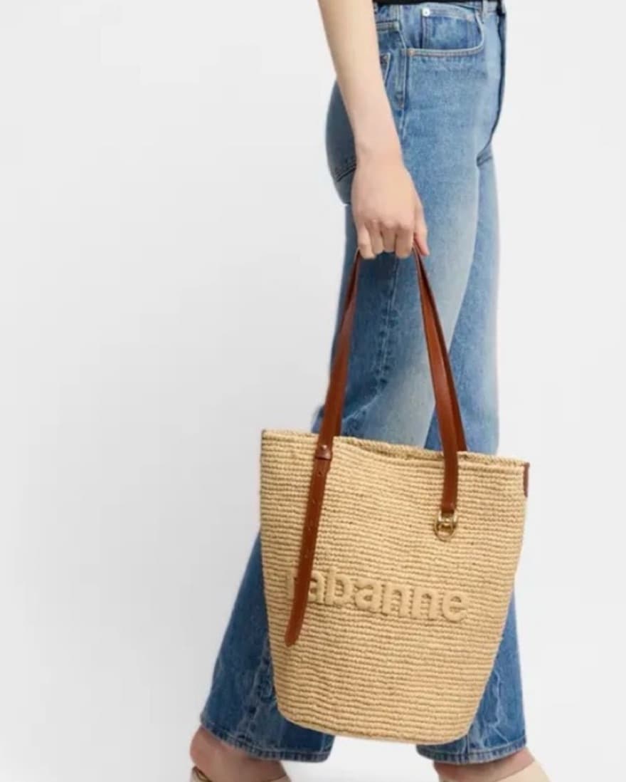 Rabanne beige raffia logo tote bag - Image 2