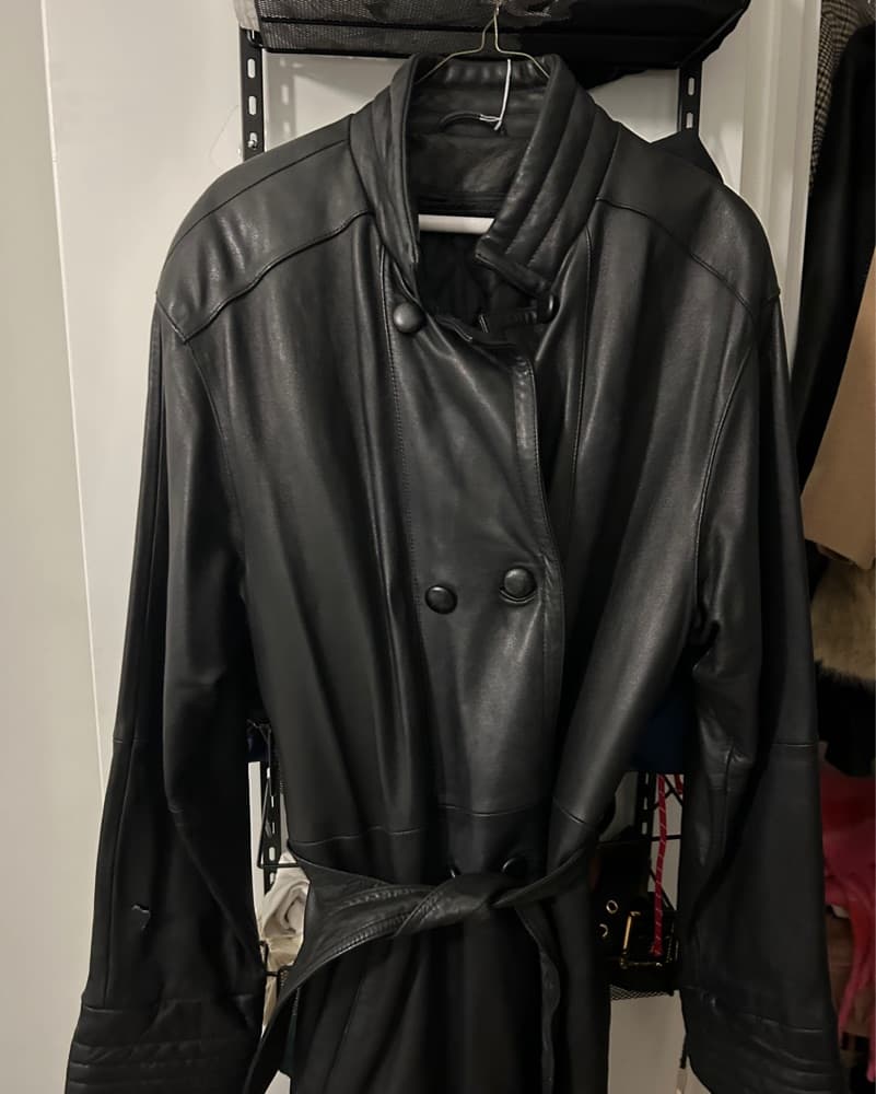 Vintage Black Leather Long Trench Coat - Image 5