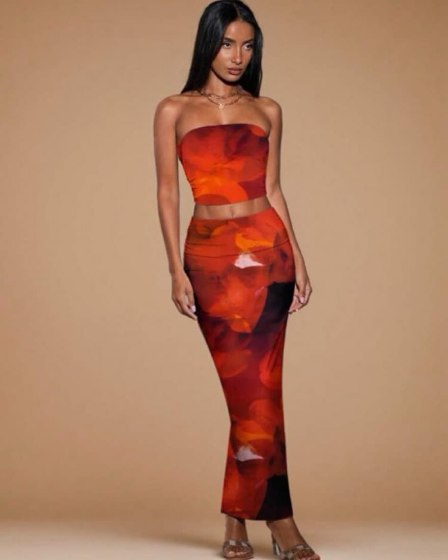 Red Summer Floral Two Piece Dress - Image 1