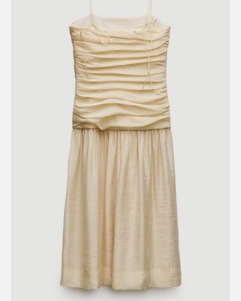 Zara Yellow Ruched Drop Waist Midi Dress - Image 4