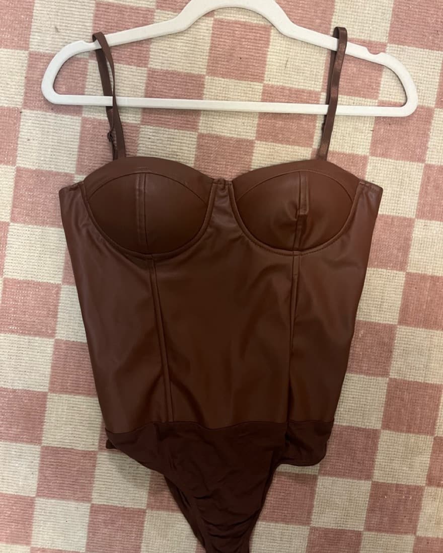 Aqua Brown Leather Bustier Bodysuit - Image 2