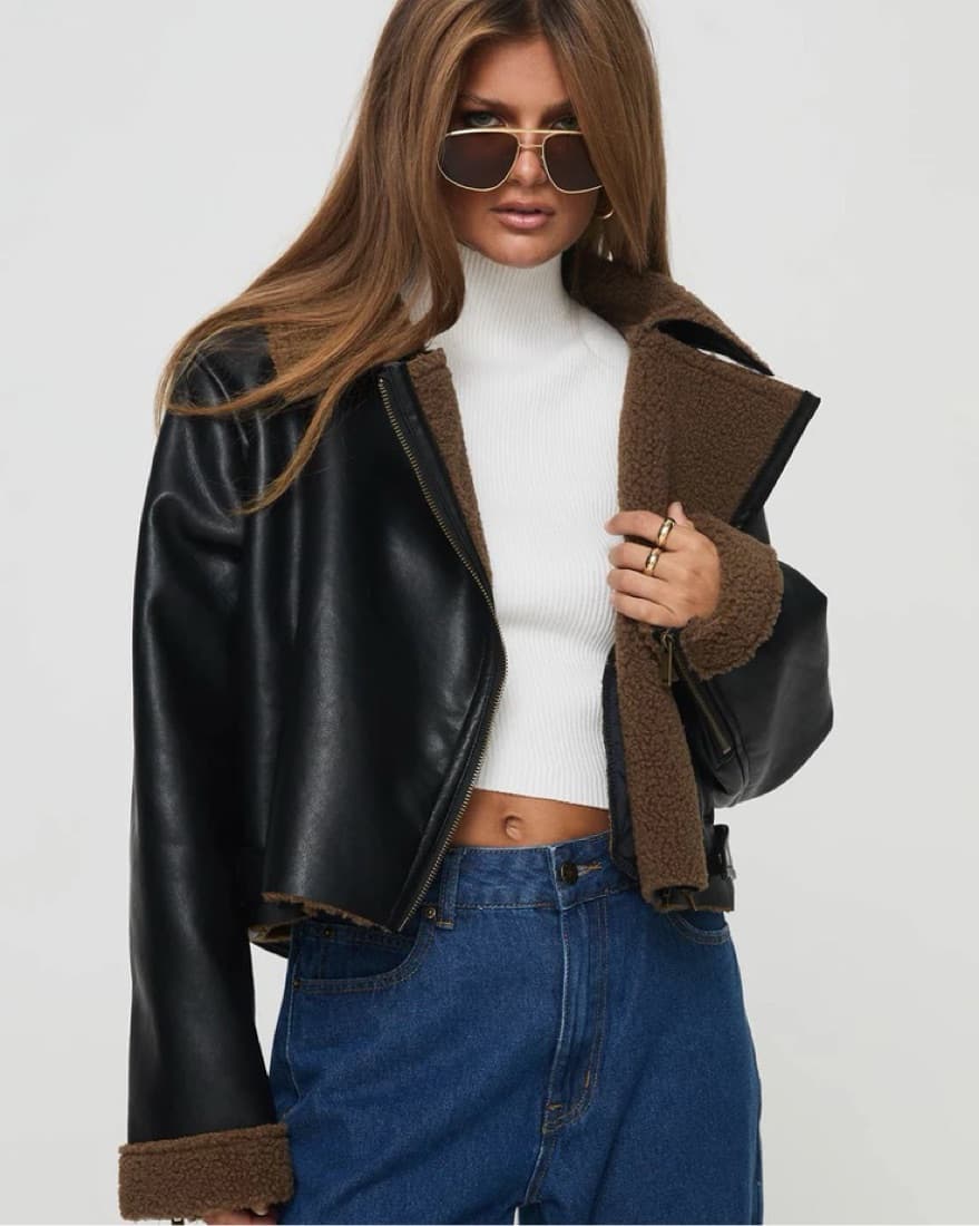 Shearling Trim Faux Leather Jacket Black - Image 1